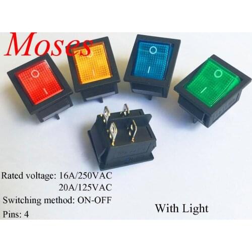 KCD4 Orange green blue black yellow red Latching Rocker Switch Power Switch I/O 4 Pins 2 gears With Light 16A 250VAC 20A 125VAC
