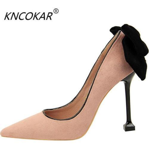 KNCOKAR2018Sexy and slim high-heeled shoes for women a narrow heel with a high heel and a light flannelette Pointy bow single