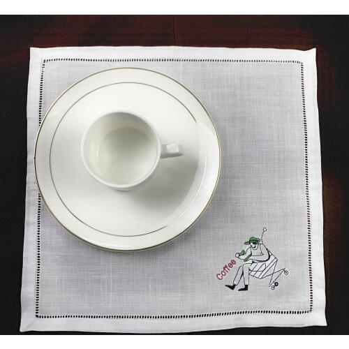 Coffee Napkin White Hemstitched Linen Tea Napkins with Embroidered Design Handkerchiefs 12x12-inch