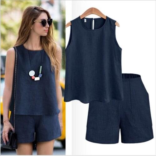 Two pieces set for women 2018 outfits fashion casual cotton linen short sleeve tops + shorts sets office suit plus size