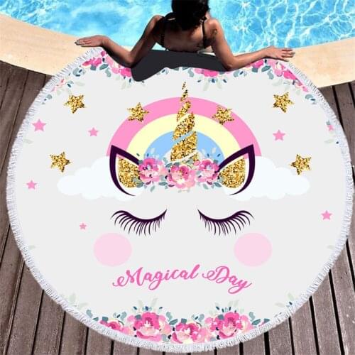 Cartoon Color Unicorn Star Print 150cm Round Beach Towel Portable Outdoor Sports Swimming Childrens Fringe Bath Towel