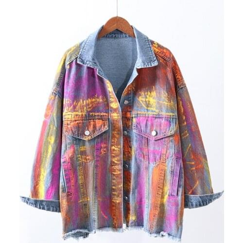 Spring Autumn Loose Denim Jacket Women Long Sleeve Gradient Graffiti Fashion Vintage Jeans Jacket Ladies Jackets Streetwear G344
