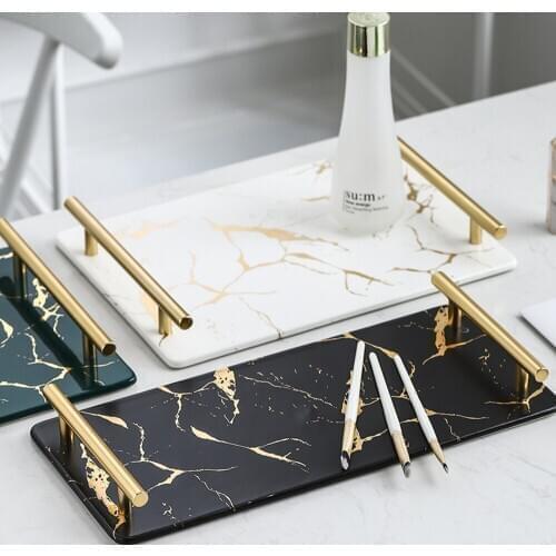 Square Trays Decorative Gold Pattern Marble Texture Glazed Ceramics Plates Skincare Storage Plate Dressing Table Bathroom Tray