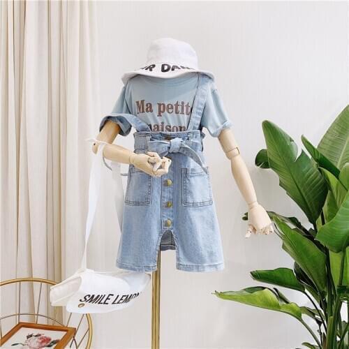 Summer girls 2 pcs set baby tee shirt + suspender skirt kids suit children clothes letter print denim bow button 3 to 8 yrs