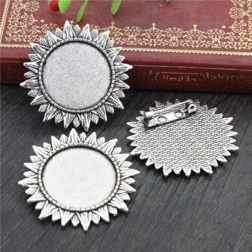New Fashion 5pcs 25mm Inner Size Antique Silver Plated Flower Style Brooch Cabochon Base Setting