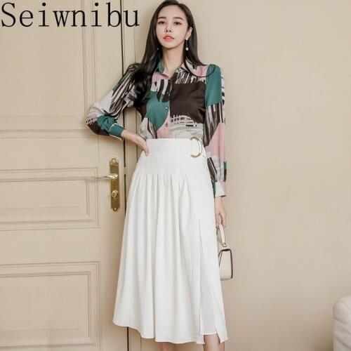 New runway skirt suits womens Elegant vintage Retro printed blouse shirts tops + sexy Collet Waist Split Midi skirt suits set