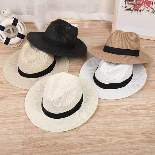 Shade Caps Jazz Hat Ribbon Round Flat Top Straw Beach Panama Hat Summer Hats For Men Women Straw Hats Snapback Gorras