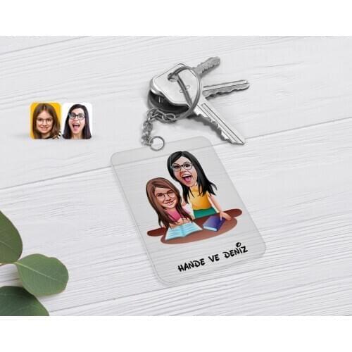 Personalized Mother Girl Caricature Of Transparent Plexiglass Anahtarlık-1