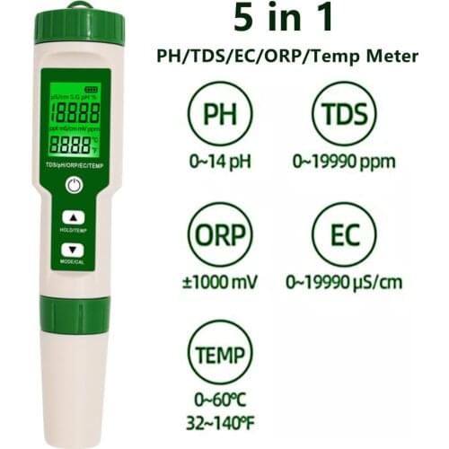 5 in 1 PH/TDS/ORP/EC/Temperature Meter Digital Water Quality Tester PH Analysis for Pools Aquarium Drinking Water Monitor Tester