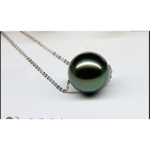Stunning tahitian round 12-13mm black green pearl pendant 925s