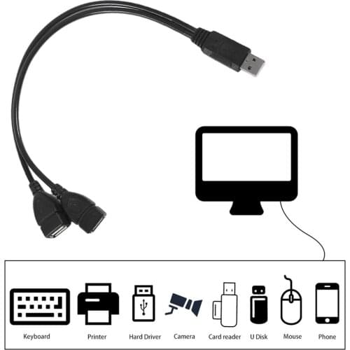 1PC USB 2.0 A 1 Male to 2 Dual USB Female Data Hub Power Adapter Y Splitter USB Charging Power Cable Cord Extension Cable 30CM
