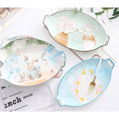Northern Europe lovely plate large household fish plate double ear oval plate personalized ceramic tableware home restaurant