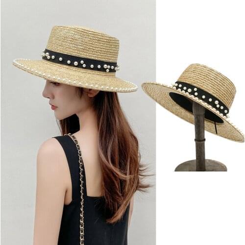 Womens Summer Hat Big Brim Straw Hat Elegant Caps Pearl inlaid Women Sunscreen Retro Wavy Edge VacationFisherman Hat Bucket Hat