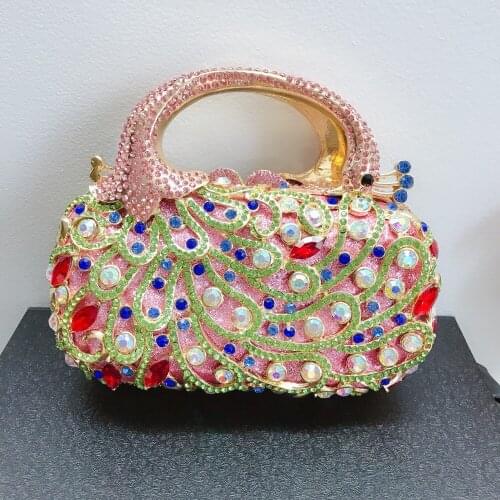 Blue/Red Multi-Colored Rhinestone Peacock Patter Top-Handle Purse 3 Colors Women Phone Evening Clutches Handbags Diamond Bags