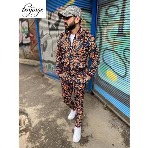 Men Hawaiian Sets Mens Suit 2 Pieces Sport Suits European American Trends 3D Print ZipperSlim Casual Fashion Tracksuits TENJINGE