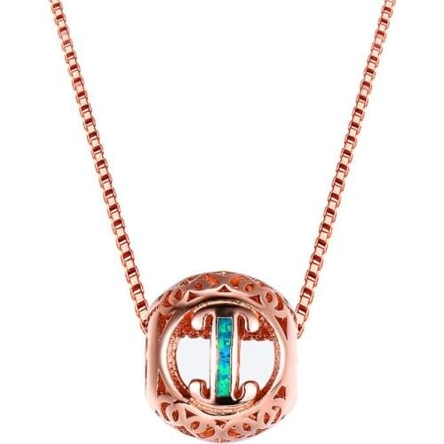 Vintage Hollow Round Ball Letter I Pendant Necklaces For Women 925 Silver Rose Gold White Blue Opal Necklace Birthstone Jewelry