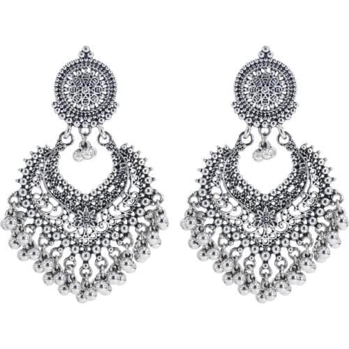 Afghan Oxidized Silver Color Metal Drop Earrings for Women Bells Tassel Carved Flower Earring Indian Tribal Jewelry Gift Brincos