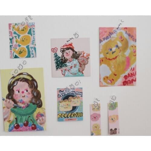 Japanese Retro Cake Girl Oil Painting Bear Decoration Card Diy Decoration Wall Sticker Small Poster Ins Popular Photo Prop Card