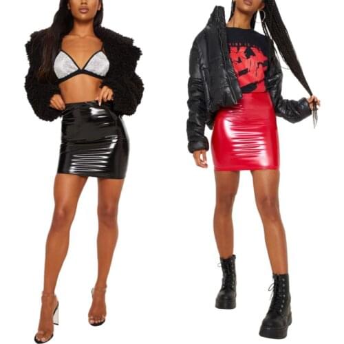 Women Sexy Solid Color Skirt High Waist PU Leather Close-fitting Short Dress Black Red