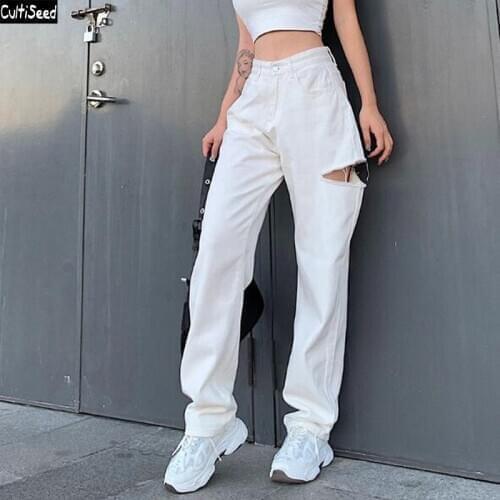 Cultiseed Women Sexy Side Ripped Hole Denim Jeans Pants Trousers Female New White Straight Pant Ladies Casual Long Pant Trousers