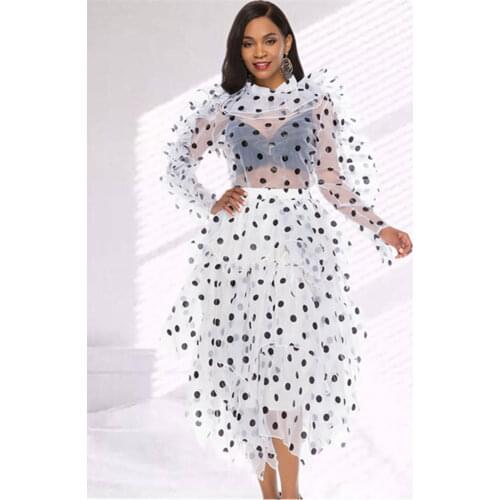 2 Pieces Sets Women Blouse Skirts Polka Dot Suits Ruffles Thin Transparent Shirts Elegant Tutu Jupes Lady Fashion Summer Spring