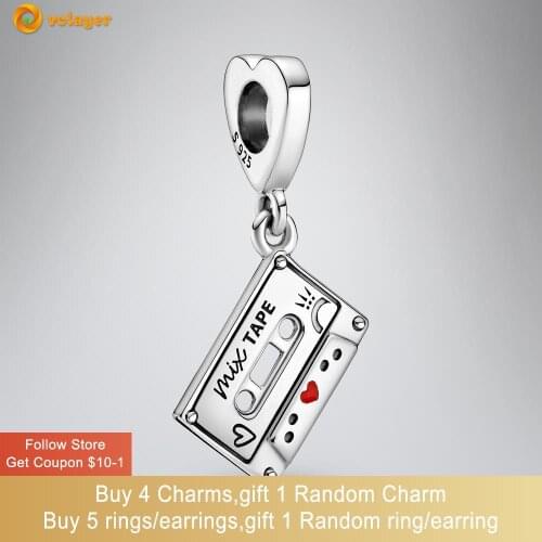 Volayer 925 Sterling Silver Pendant Vintage Cassette fit Original Pandora Bracelets for Women Jewelry Making Gift
