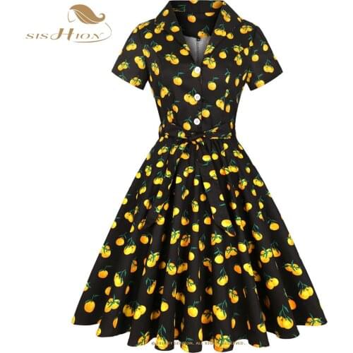 SISHION Fruits Printed Summer Black Dresses for Women 2021 SD0002 Floral Print Plus Size Y2K Short Sleeve Vintage Retro Dress
