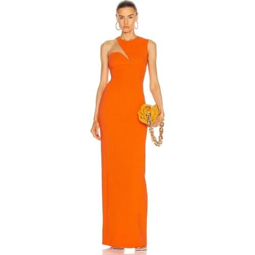 Summer long bandage Bodycon mesh sleeveless round neck orange ladies party banquet dress 2021 Vestido