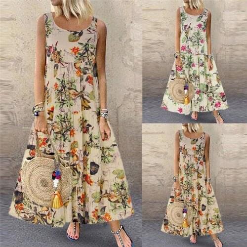 Vintage Retro Floral Print Women Dress Summer New O-Neck Casual Party Beach Dress Vestidos De Festa