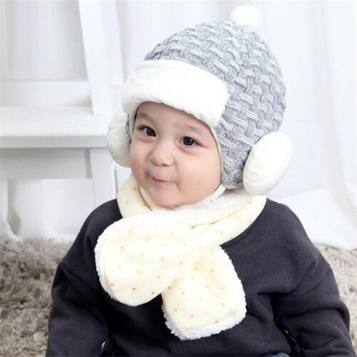 2018 baby hat autumn winter plus velvet ear crochet hat fur black grey wool cap boys and girls warm baby cute plaid hats