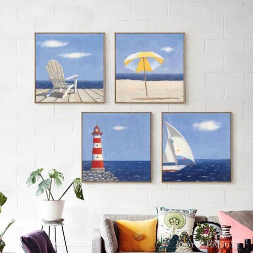 No frame Mediterranean beach chair seascape canvas printings oil painting printed on cotton home wall art decoration pictures