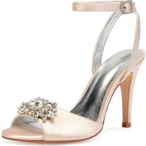 High Heels Wedding Bridal Sandals Open Toe Satin Rhinestones Ankle Buckle Strap Heeled Prom Dress Women Summer Shoes