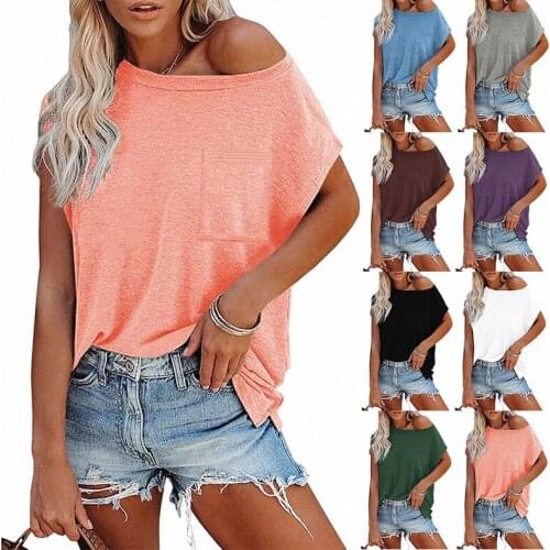 Woman tshirts 2021 summer new pure color pocket off-the-shoulder round collar short sleeve T-shirt harajuku T shirt women BX0482