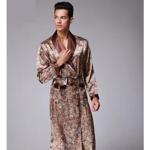 Mens Luxury Paisley Pattern Bathrobe Kimono Robes V-neck Faux Silk Male Sleepwear Nightwear Male Satin Bath Robe