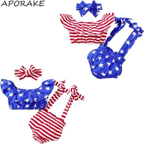 2021 0-18M Cute Baby Girl Clothes Set Stars and Striped Print Ruffle Collar Short Sleeve Crop Top+Straps Shorts 4th Of July 2pcs