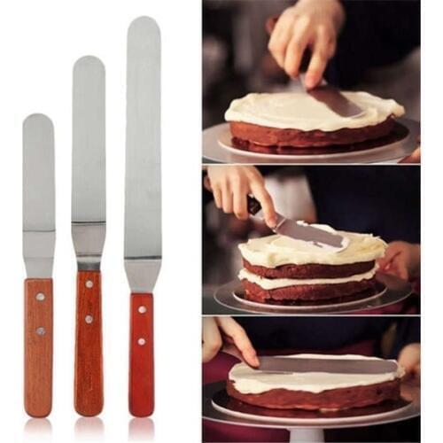 L Shape Curved Cake Icing Spatula Wooden Handle Stainless Steel Cake Cream Scraper