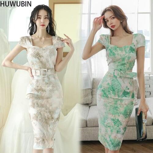 2021 Korean Summer Light Mature Celebrity Wind Square Collar Small Dress Temperament High Waist Retro Printed Skirt Dress