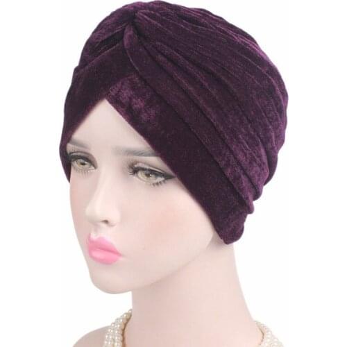 Fashion Casual Stretch Gold Velvet Headwrap Turban Hat Women Muslim Chemo Cap Vintage Female Beanies Bonnet femme
