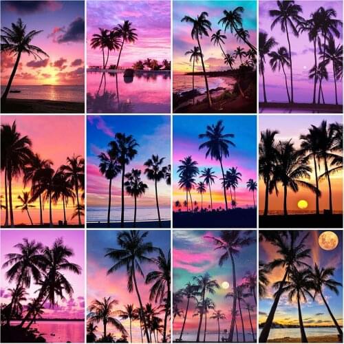 MomoArt Diamond Mosaic Sunset Landscape Picture Rhinestone Diamond Painting Coconut Tree Cross Stitch Embroidery Holiday Gift
