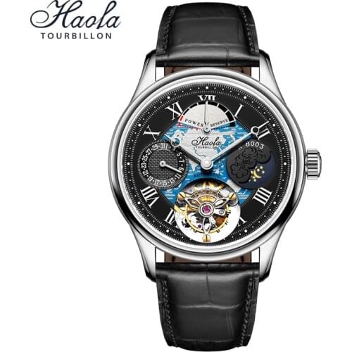 Faofa Mens Luxury Skeleton Automatic Tourbillon Movement Watch Mechanical Sapphire Power Reserve Multifunction Watches Men 2021