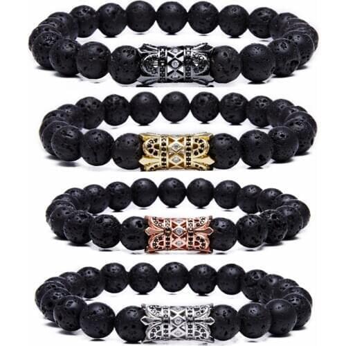 ASHMITA Men Lava Rock Stone Beads Bracelet Imperial Crown Details Elastic Bracelets Fashion Jewelry Gift Box