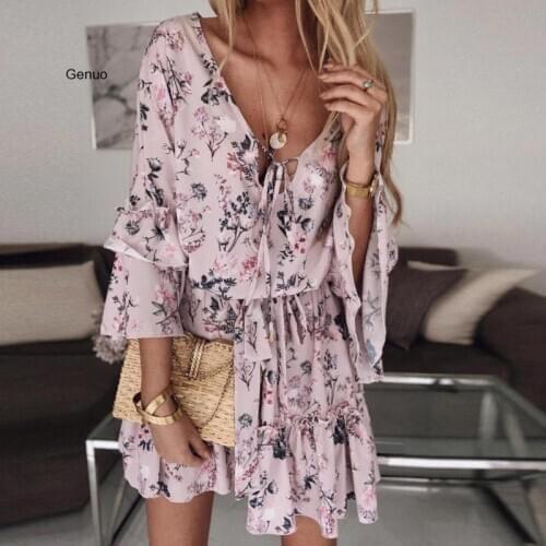 Floral Beach Dress Sling Print Loose Slash Neck Beachwear Bell Sleeve Fashion Clothes For Women 2020 New Vestido Femme
