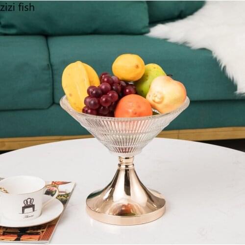 Transparent Glass Fruit Plates Golden Metal Base Bowls and Plates Snacks Dessert Dishes Hotel Dinner Table-top Serving Trays