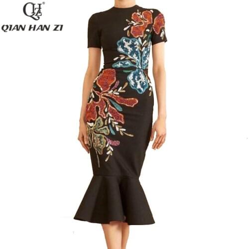 Qian Han Zi Summer Designer Fashion Women Dress 2021 black vintage Embroidered sequin Trumpet / Mermaid dress