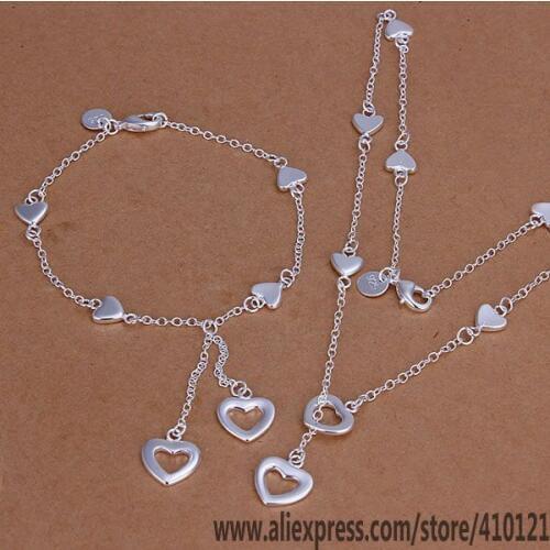 S132 Hot Sale Silver Color Fine Jewelry Sets,Wholesale Jewelry Elegant Charms Fashion Set 10 Hearts Link Pendant Bracelet