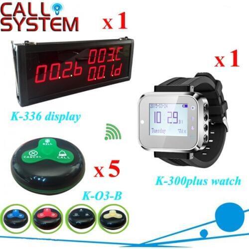 Hotel guest paging system call button with wrist watch receiver and big screen monitor