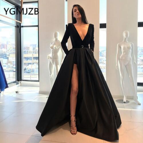 Sexy Black Prom Dresses Long 2019 A-line Deep V-neck Long Sleeves High Side Split Evening Dress Women Formal Dress Party Gown