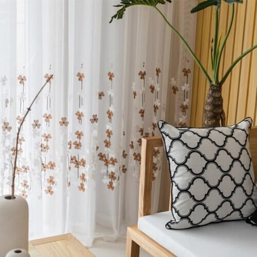 Coffe Embroidery Tulle Window Curtains for Living Room European Sheer Cotton bedroom Balcony Kitchen Screen Custom