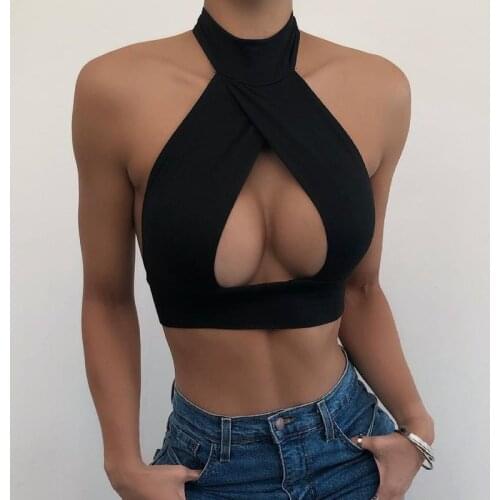 2021 Sleeveless Halter Hollow Out Navel Solid Sleeveless Sexy Crop Top Summer Women Fashion Streetwear Outfits Y2K Tees