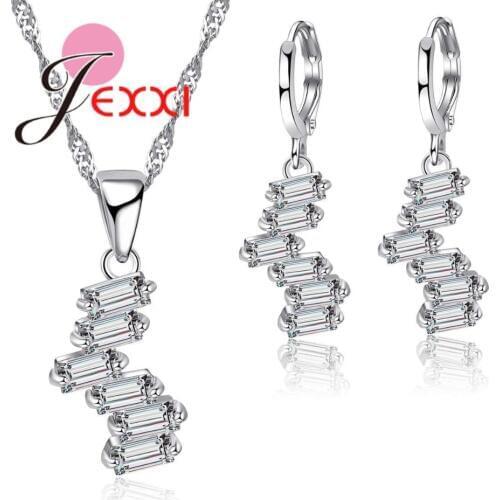 Women Gift Gorgeous Austria Crystal Geometric Necklace Earrings Sets for Wedding Party 925 Sterling Silver Jewelry Sets